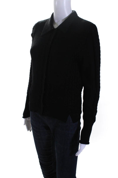 Elie Tahari Womens Cable Knit Collared Snap Cardigan Sweater Black Size Medium