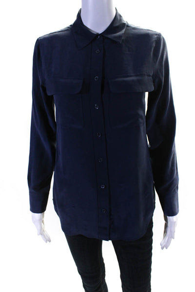 Equipment Femme Womens Silk Matte Long Sleeve Button Up Shirt Navy Blue Size 2XS