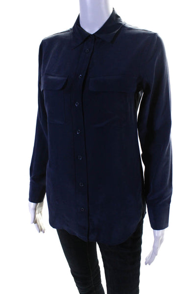 Equipment Femme Womens Silk Matte Long Sleeve Button Up Shirt Navy Blue Size 2XS