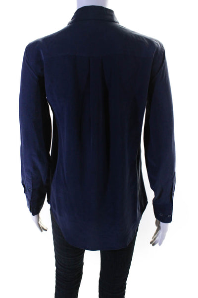 Equipment Femme Womens Silk Matte Long Sleeve Button Up Shirt Navy Blue Size 2XS