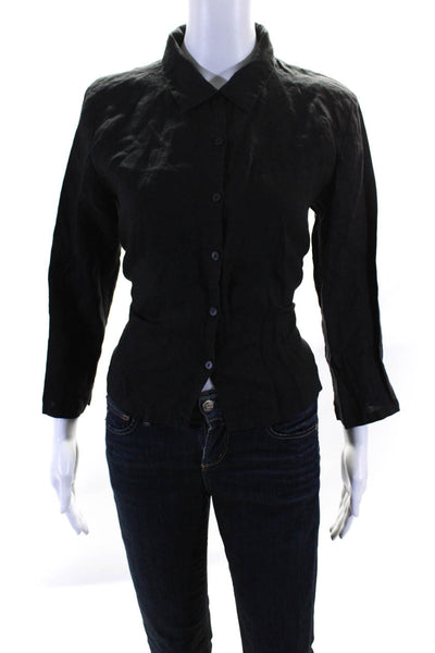 Eileen Fisher Womens Linen Collared Long Sleeve Button Up Shirt Top Black Size S