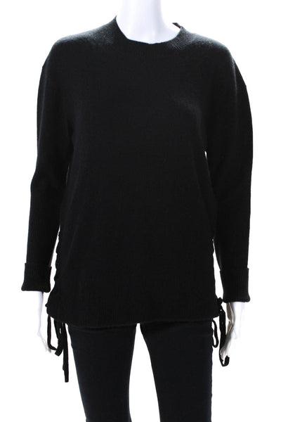 R+A Womens Pullover Side Lace Up Cashmere Crew Neck Sweater Black Size XS