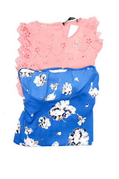 Zara Womens Cotton Floral Print Textured Slit Blouse Tops Pink Size XS Lot 2