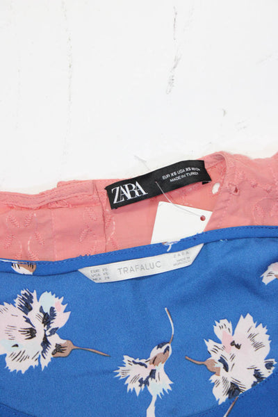 Zara Womens Cotton Floral Print Textured Slit Blouse Tops Pink Size XS Lot 2
