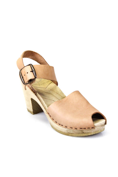 No. 6 Store Women's Leather Peep Toe Wooden Ankle Strap Heels Beige Size 6
