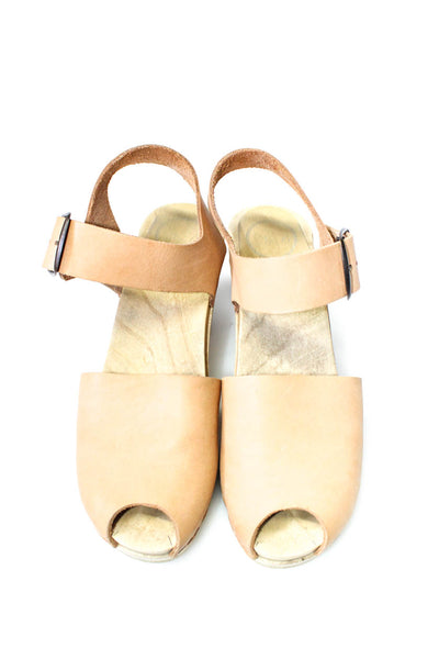 No. 6 Store Women's Leather Peep Toe Wooden Ankle Strap Heels Beige Size 6