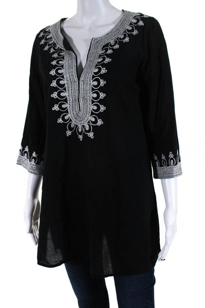 Calypso Women's Cotton Long Sleeve Embroidered V-Neck Tunic Blouse Black Size XS
