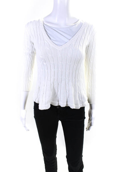 Ralph Lauren Black Label Womens 3/4 Sleeve V Neck Cable Knit Sweater White XS