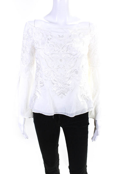 Intermix Womens Flare Sleeve Embroidered Off Shoulder Shirt White Size Petite