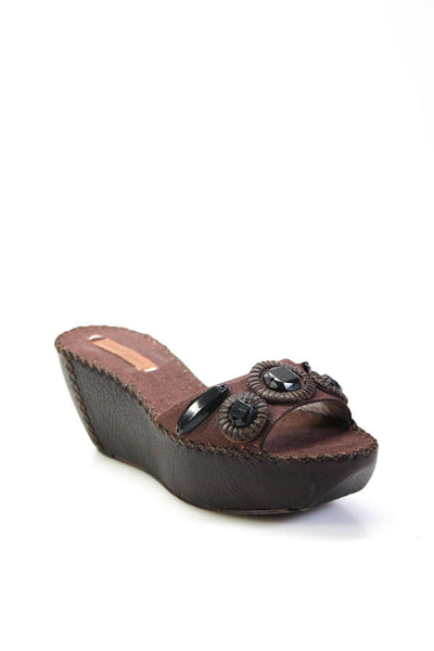 BCBGMaxazria Women's Leather Peep Toe Beaded Wedge Sandals Brown Size 5