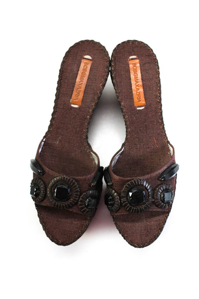 BCBGMaxazria Women's Leather Peep Toe Beaded Wedge Sandals Brown Size 5