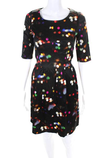 Milly Womens Back Zip 3/4 Sleeve Dotted A Line Dress Black Multi Size 2