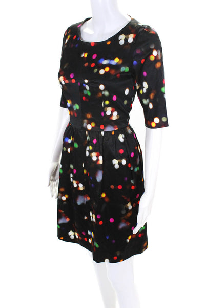 Milly Womens Back Zip 3/4 Sleeve Dotted A Line Dress Black Multi Size 2