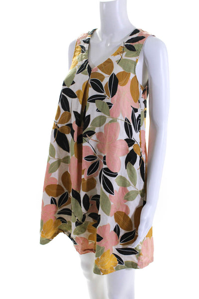 Rachel Zoe Womens Beige Linen Floral V-Neck Sleeveless A-Line Dress Size XS