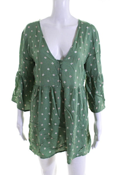 Summersalt Womens V Neck 3/4 Sleeved A Line Short Dress Green Beige Size XS