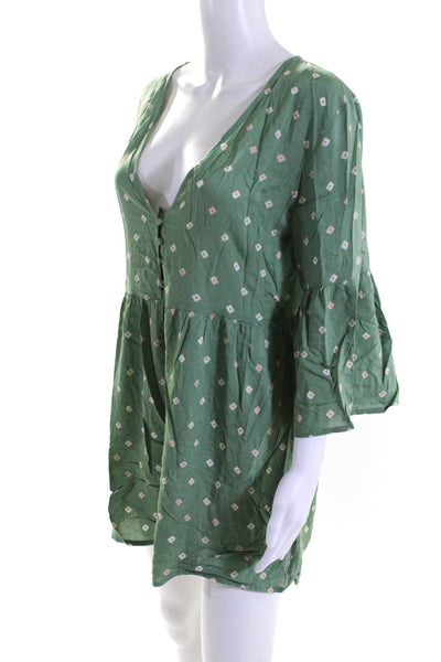 Summersalt Womens V Neck 3/4 Sleeved A Line Short Dress Green Beige Size XS