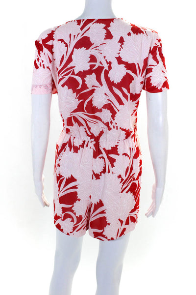 Club Monaco Womens Red Pink Floral Print V-Neck Short Sleeve Romper Size 6