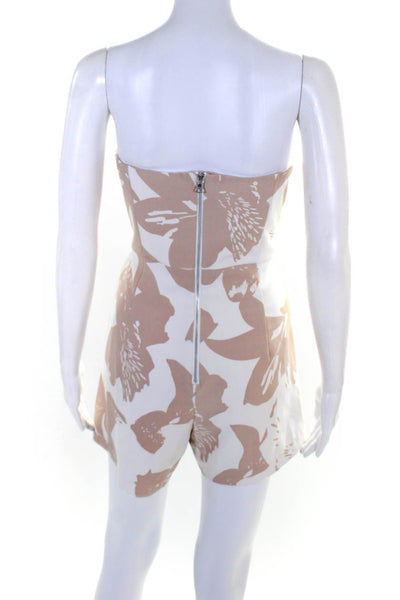 Bardot Womens White Brown Floral Zip Back V-Neck Strapless Romper Size 10/L