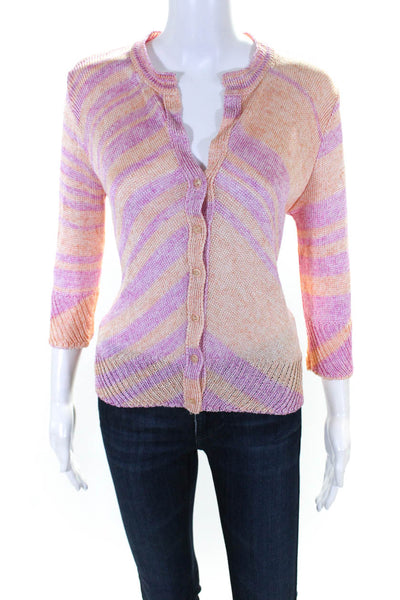 Eileen Fisher Womens Stripe Texture Knit Long Sleeve Button Cardigan Pink Size L