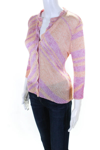 Eileen Fisher Womens Stripe Texture Knit Long Sleeve Button Cardigan Pink Size L