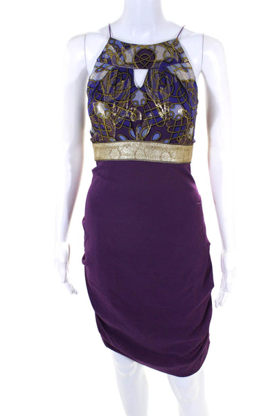 Nicole Miller Collection Womens High Neck Cutout Dress Purple Gold Tone Size 6