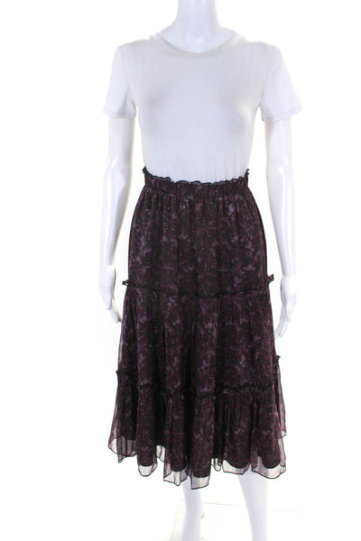 The Westside Womens Abstract Print Tiered Ruffle Midi Skirt Purple Black Size XS