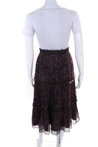 The Westside Womens Abstract Print Tiered Ruffle Midi Skirt Purple Black Size XS