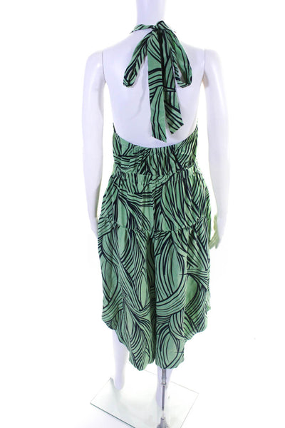 Tibi Women's Striped Print Backless Halter Neck Curved Hem Jumpsuit Green Size 4
