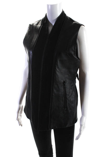 Injury Womens Leather Mock Neck Double Zip Sleeveless Vest Jacket Black Size L