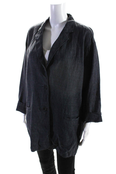 Eileen Fisher Womens Notched Lapel 3/4 Sleeve Two Button Blazer Blue Size M