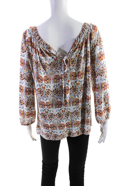 Joie Womens Paisley 3/4 Sleeved Shirred Square Neck Blouse White Red Size M