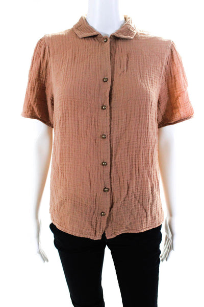 Raquel Allegra Womens Cotton Texture Button Collar Short Sleeve Top Brown Size 0