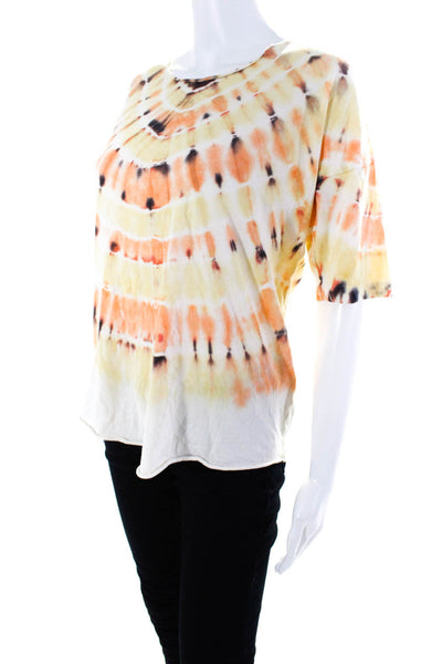 Raquel Allegra Womens Cotton Tie Dye Colorblock Short Sleeve Top Orange Size 1