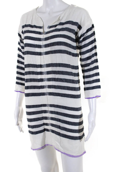 Lemlem Womens Striped Long Sleeved Short Tunic Dress White Navy Blue Size XS