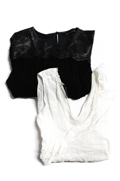 Zara Womens V Neck Faux Leather Dotted Blouses White Black Size XL Lot 2