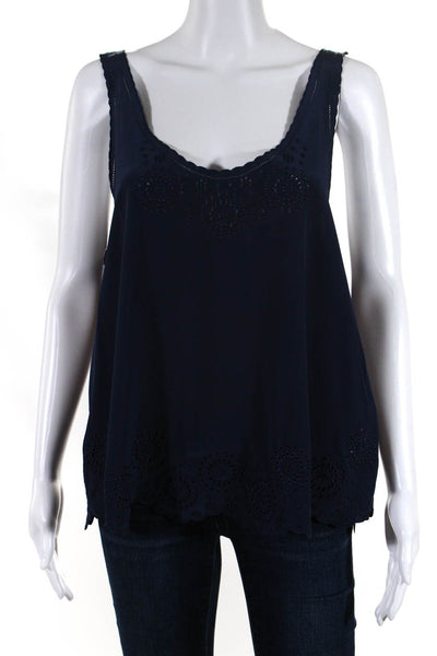 Joie Womens Scoop Neck Eyelet Scalloped Tank Top Navy Blue Silk Size Large