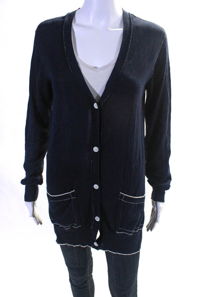 Yoshi Kondo Womens Cotton Sheer Exposed Seam V-Neck Cardigan Sweater Navy Size L