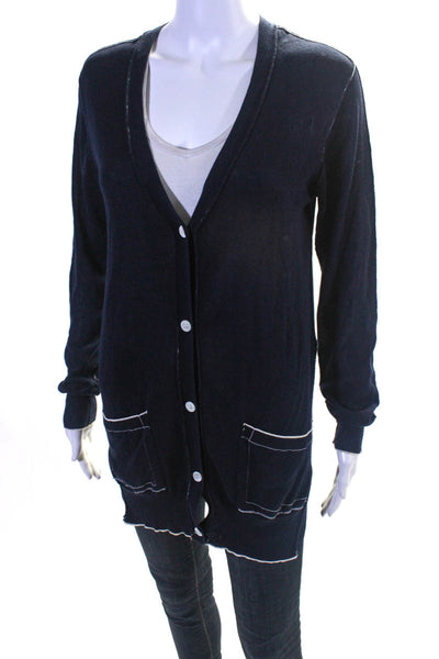 Yoshi Kondo Womens Cotton Sheer Exposed Seam V-Neck Cardigan Sweater Navy Size L