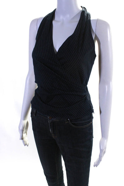 Kay Unger Womens Cotton Striped Print Sleeveless Wrap Blouse Navy Blue Size 6