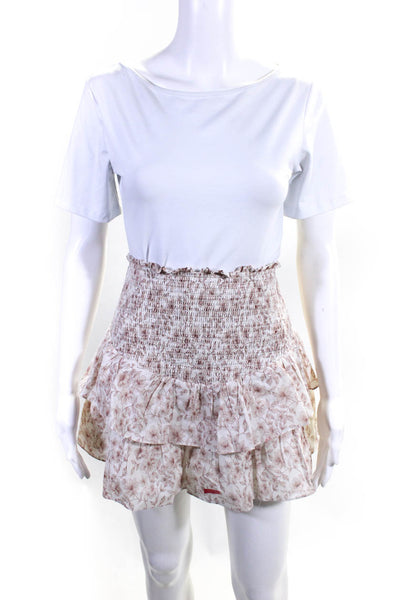 Intermix Womens Smocked Floral Tiered Mini Skirt White Brown Cotton Size Petite