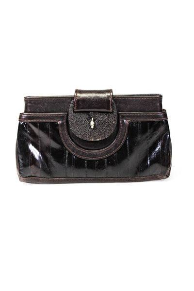 R&Y Augousti Womens Stingray Detail Eel Skin Leather Clutch Handbag Dark Brown