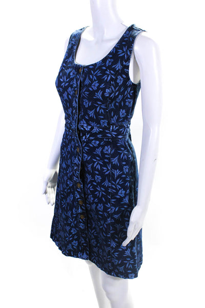Draper James Womens Button Front Scoop Neck Floral Denim Dress Blue Size 2