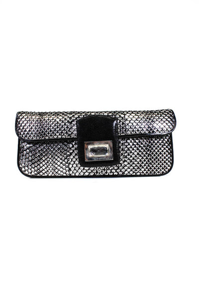 Kara Ross Womens Crystal Metallic Snakeskin Clutch Handbag Silver Tone Black