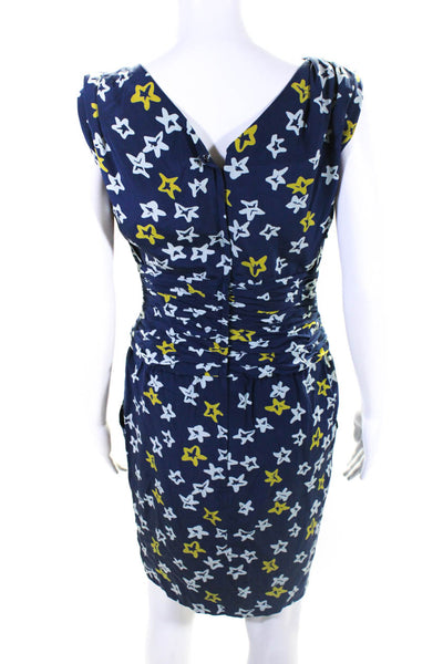 Albert Nipon Womens Star Print Sleeveless V Neck Sheath Dress Blue Yellow Size 6