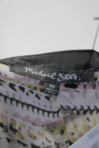 Michael Stars Womens Half Sleeve V Neck Abstract Silk Shirt White Gray Pink XS