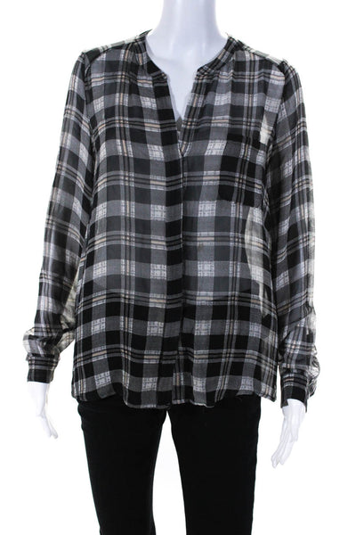 Joie Womens Button Front V Neck Long Sleeve Silk Plaid Shirt Black White Size XS