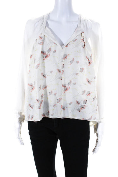 Wink Womens Long Sleeve Sleeve V Neck Floral Silk Shirt White Size Small