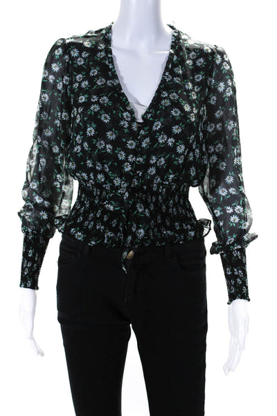 Intermix Womens Long Sleeve Smocked Trim V Neck Floral Shirt Black Multi Silk 2