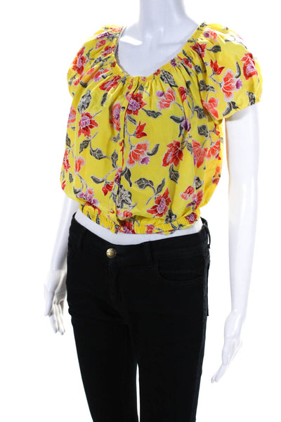 Joie Womens Short Sleeve Elastic Off Shoulder Floral Silk Top Yellow Size Small