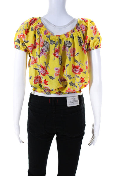 Joie Womens Short Sleeve Elastic Off Shoulder Floral Silk Top Yellow Size Small